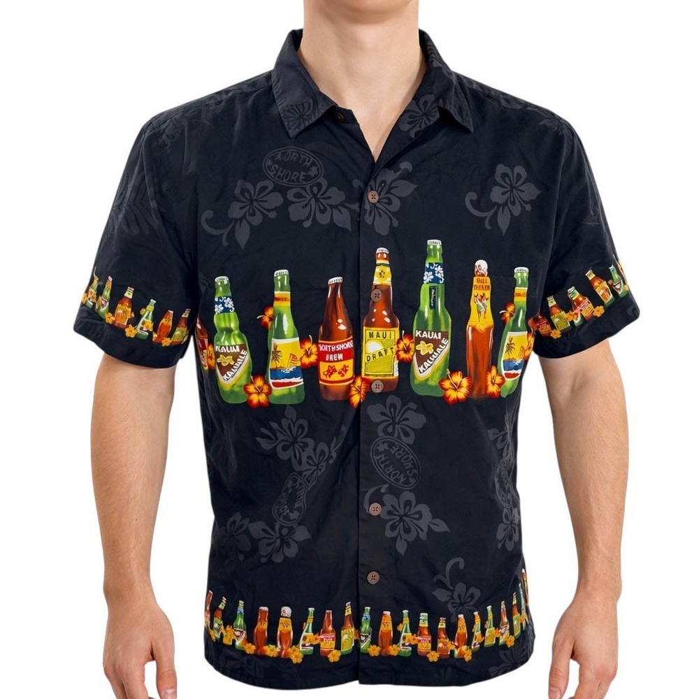 Palmwave Hawaiian Aloha Shirt Large Beer Bottles Tropical Floral North Shore
